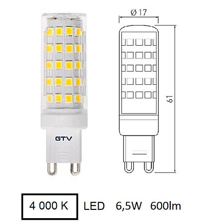LED žárovka G9 GTV LD-G9P67W0-40 denní bílá 560lm