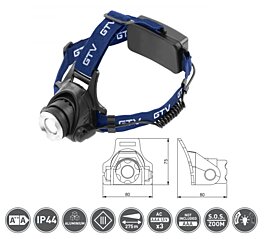 Čelová baterka LED LT-LC6WT3-60 na baterie 6W, 350 lm, 6400K, 275 m, IP44, černá