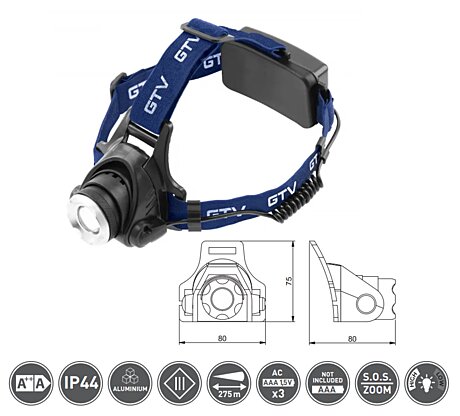 Čelová baterka LED LT-LC6WT3-60 na baterie 6W, 350 lm, 6400K, 275 m, IP44, černá