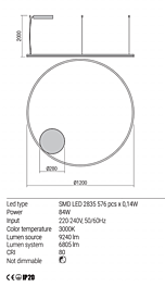 Montažní list Stmívatelné závěsné LED svítidlo Orbit 01-1716-TRIAC 3000K Ø 120cm, Redo Group