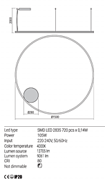 Montažní list Stmívatelné závěsné LED svítidlo Orbit 01-1921-TRIAC 4000K Ø 150cm, Redo Group