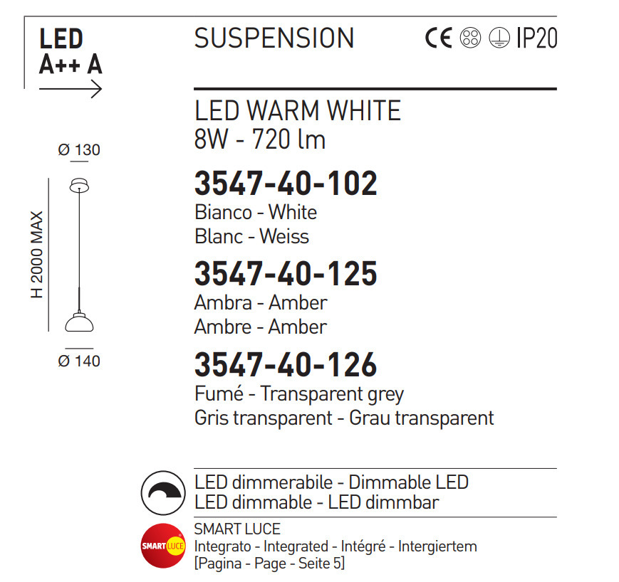 Italské LED světlo Arabella 3547-40-126 Fabas kouřové